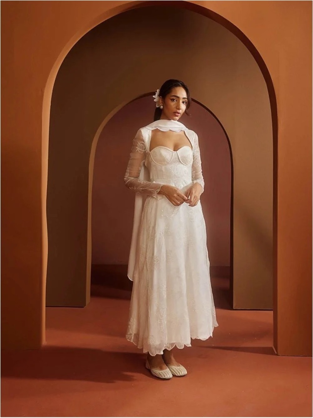 White Long Sleeve Lace Anarkali with Built-In Bustier - never worn